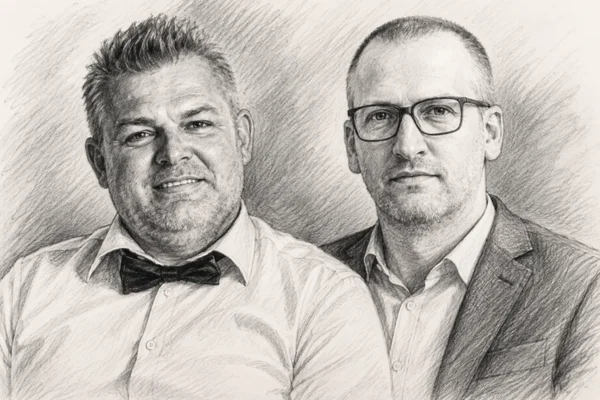 **Helyettesítő szöveg (ALT):** A SUGO Tamburazenekar vezetője és a kulturális miniszter ceruzarajzos portréja a FEZEN-interjúhoz. **Cím (Title):** A FEZEN pódiumbeszélgetés vendégei